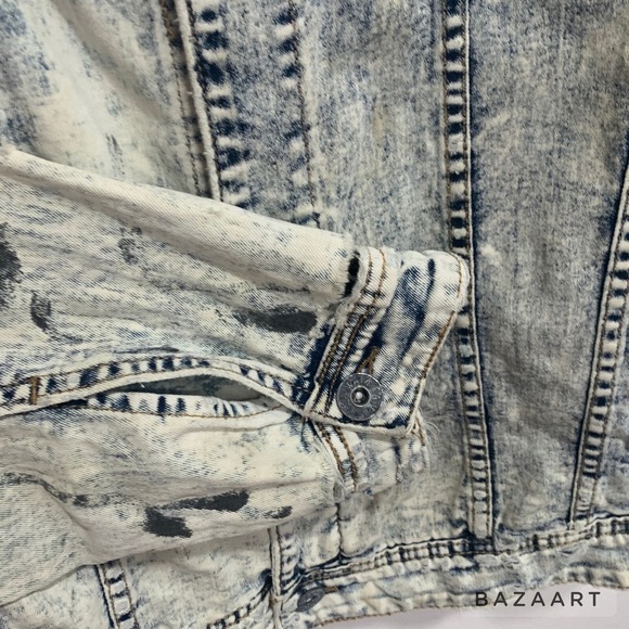 Waimea White Distressed Wash, Paint Splatter Stretch Denim Jeans Jacket Sz: L - Picture 4 of 7